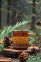Autumnal Mug on Rustic Wooden Slab photo