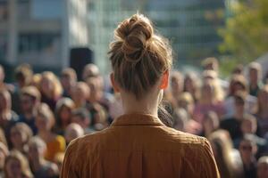 Woman Addressing a Crowd, Back View photo