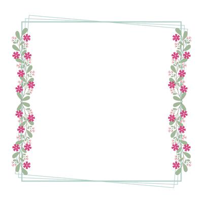 Green Square Wreath Border Frame Decorated With Green Leaves And Red Pink Flowers