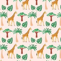 Seamless tropical pattern with giraffe and palm tree. Summer background. vector