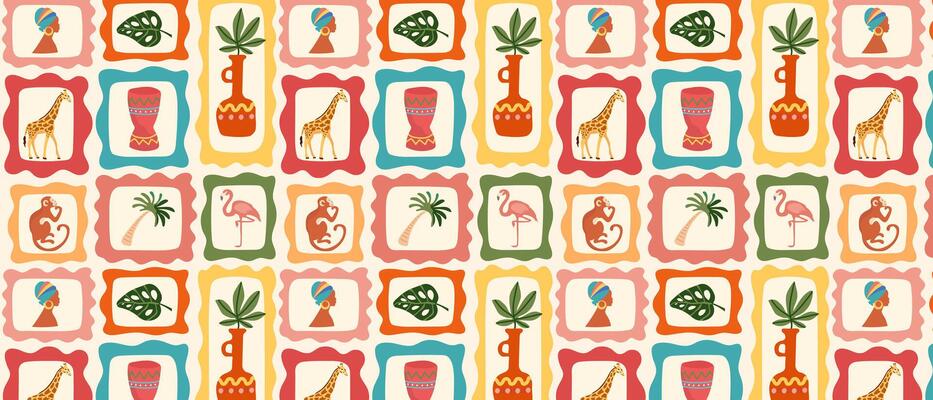 Retro collage in tropical style, background. Hand drawn pictures with tropical animals and plants.