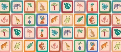 Summer pattern in retro style with tropical animals and plants. vector