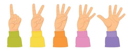 Counting with fingers. Hand gesturing, arm showing one, two, three, four and five numbers, digits. Countdown, score, elementary math learning. vector