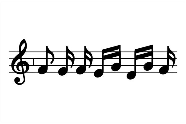 Musical notes, a illustration on a white sheet, depict melody and classical song elements with treble and bass clef symbols