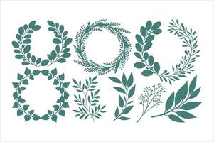 Floral laurel wreath illustration set with seamless leaf and branch patterns vector