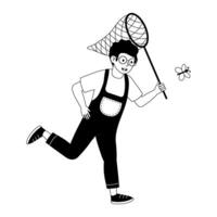Child joyfully chasing a butterfly with a net in a sunny park during the afternoon vector