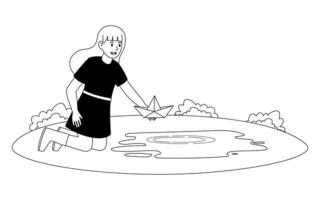 Girl playing with a paper boat in a puddle during a sunny day in a park vector