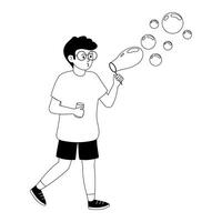Child blowing bubbles with a bubble wand in a playful outdoor setting during sunny weather vector