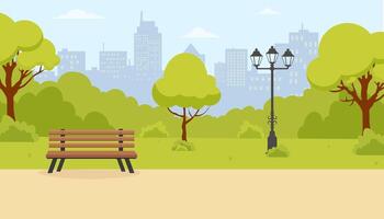 Relaxing park setting with green trees and city skyline in the background on a sunny day vector