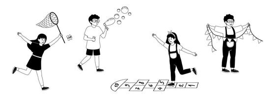 Children enjoying outdoor activities in a playful setting with games and bubbles vector