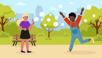 Children playing and enjoying bubbles in a sunny park on a cheerful afternoon vector