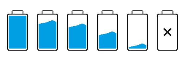 Battery Level Indicator Pixelated Icon Set. Pixel Art Symbol Collection Of Battery States In Various Charge Levels. Isolated Illustration vector