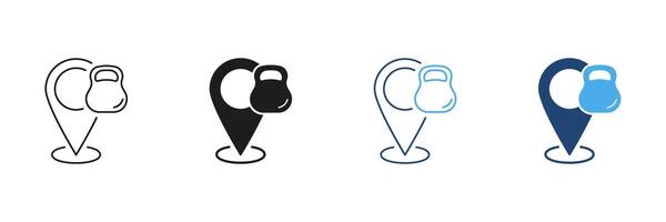 Map Pin with Kettlebell Line and Silhouette Icon Set. Fitness Center Location or Gym for Exercise and Training Outline and Solid Symbol. Isolated Illustration vector