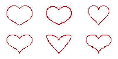 Heart Shaped Pixelated Icon Set. Pixel Art Symbol Collection Of Heart Shapes And Designs. Isolated Illustration vector