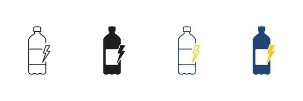 Energy Drink Bottle Line and Silhouette Icon Set With Lightning Bolt. Energy Boost And Stimulation Outline and Solid Symbol. Editable Stroke. Isolated Illustration vector