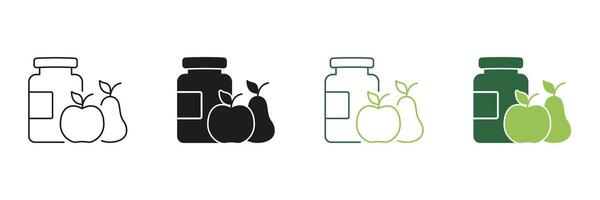 Bottle with Apple and Pear Line and Silhouette Icon Set. Dietary Supplements and Vitamins Made from Natural Ingredients Outline and Solid Symbol. Editable Stroke. Isolated Illustration vector
