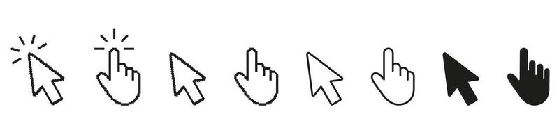 Pixelated Cursor And Hand Click Line And Solid Icon Set. Retro Interface And Digital Navigation Symbol Collection. Isolated Illustration vector