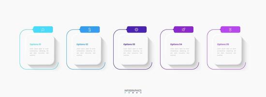 Infographic label design template with icons and 5 options. Can be used for process diagram, presentations, workflow layout, banner with square shape vector