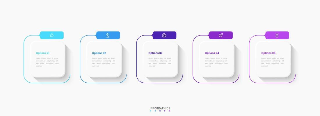 Infographic label design template with icons and 5 options. Can be used for process diagram, presentations, workflow layout, banner with square shape