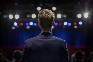 Man in Suit Facing Stage Lights photo