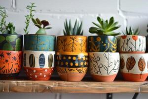 Hand-Painted Planters with Succulents on Wooden Shelf photo