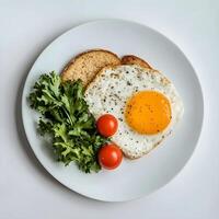 fried egg with tomato and salad and toast. Top view. flat lay, selective focus. photo