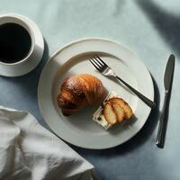 close up of croissant and cup of coffee. Breakfast with croissant, coffee and cheese on the table. Top view. flat lay, selective focus. photo
