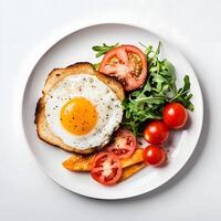 fried eggs with bacon and vegetables. Breakfast with fried egg, toast, tomato, and rocket salad. photo