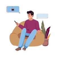 Cartoon person chatting with AI assistant on mobile device, casual tech lifestyle illustration vector