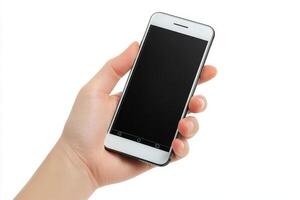 Hand holding mobile phone screen mockup, isolated on white background. photo