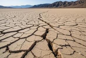 Desert landscape with deep cracks in the ground. photo