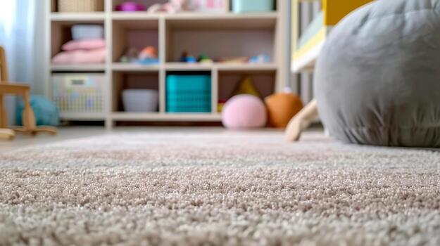 Cozy child's playroom with soft carpet and colorful toys photo