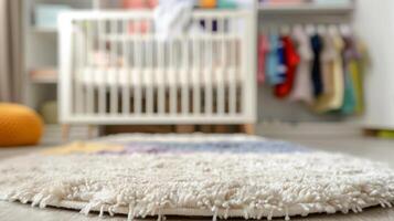 Cozy nursery room with soft carpet and modern baby crib photo