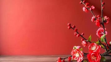 Elegant red cherry blossom branch on minimalistic background photo