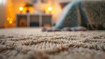 Cozy bohemian bedroom with rustic rug and warm lighting ambiance photo