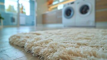 Cozy carpet in modern laundry room with washer and dryer in soft focus photo