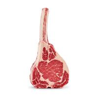 Raw tomahawk steak with marbled beef. Premium cut with long rib bone for grilling or gourmet cooking. Juicy meat with beautiful bone for advertising meat products and culinary projects photo