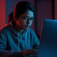 Focused young woman working on laptop in dark room with neon lighting. Suggests programming, gaming, cybersecurity or hacker activity. Modern tech lifestyle and digital work environment. photo