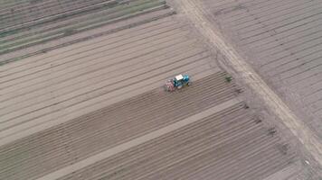 Installation of irrigation system on the field. Aerial footage of the tractor working on the field. Planting carrots 32 video