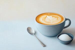 A beautiful latte with intricate foam art, accompanied by a spoon and sugar bowl. photo