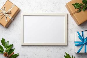 A blank frame surrounded by wrapped gifts and greenery, ideal for a festive or celebratory theme. photo