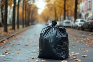 A black garbage bag placed on a street surrounded by autumn leaves and parked cars. photo
