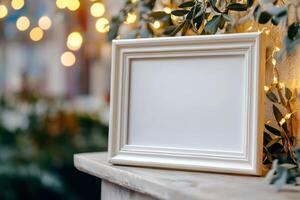 A blank decorative frame on a surface surrounded by soft glowing lights and greenery. photo