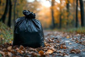 A black garbage bag sits on a path surrounded by autumn leaves and trees. photo