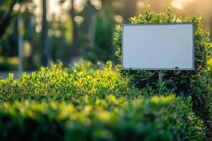 A blank sign surrounded by lush green bushes in a sunny outdoor setting. photo