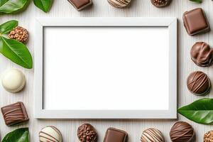 A blank frame surrounded by assorted chocolates and green leaves, perfect for a sweet display. photo