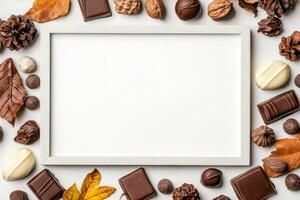 A blank frame surrounded by assorted chocolates and autumn leaves for a cozy display. photo