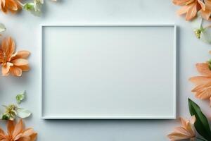 A blank tray surrounded by soft-colored flowers, ideal for displaying items or food. photo