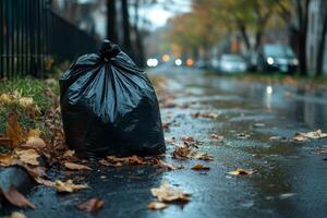 A black garbage bag sits on a wet street surrounded by fallen leaves. photo
