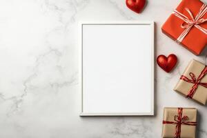 A blank frame surrounded by gifts and hearts, ideal for a romantic or festive occasion. photo